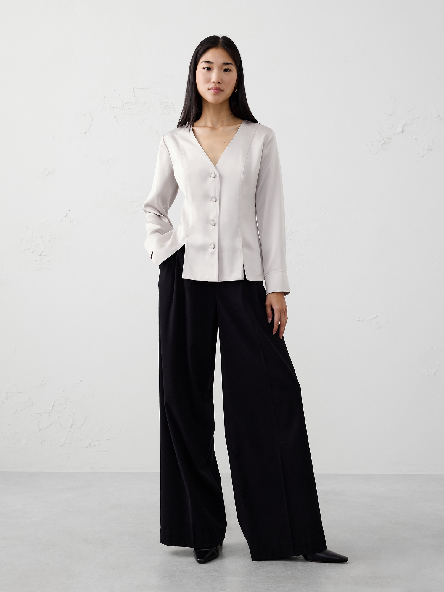 Silky Seamed Slit Blouse