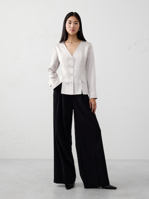 Silky Seamed Slit Blouse