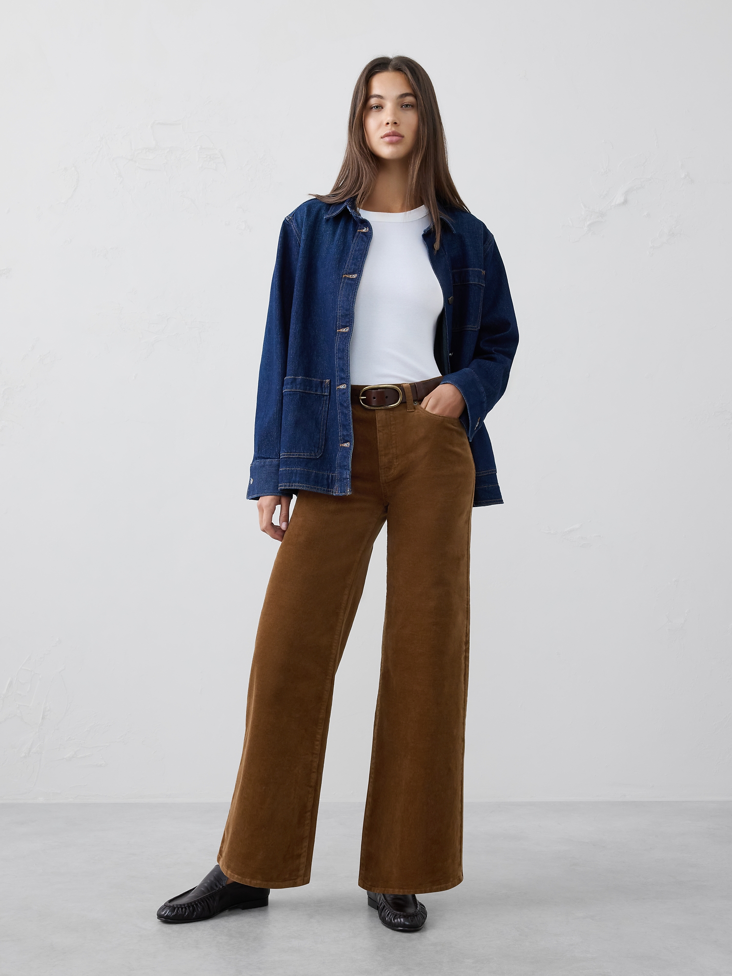Jean en velours côtelé à jambe large et taille haute - Brun Oxford