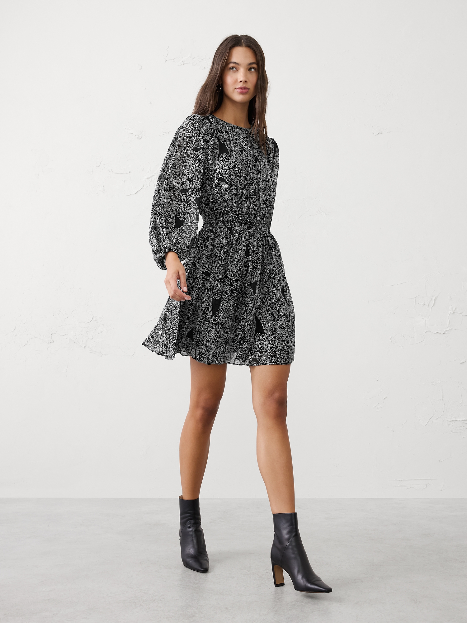 Smocked Volume-Sleeve Mini Fit-and-Flare Dress - Black Plaisley