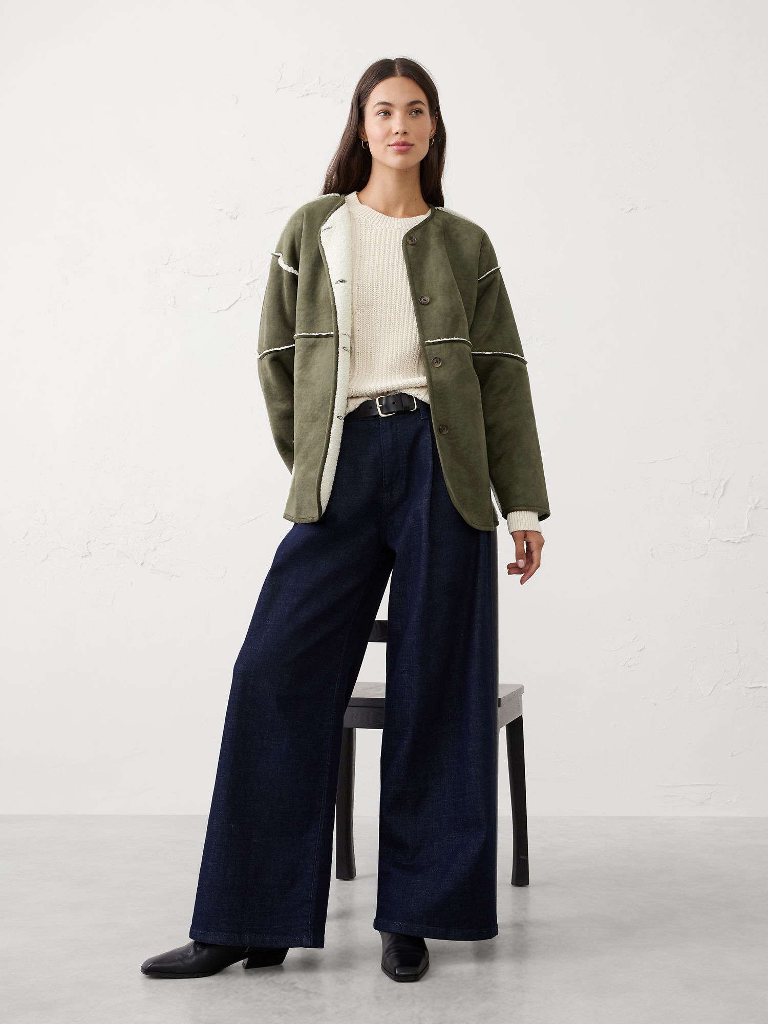 Image number 1 showing, Reversible Vegan Suede Sherpa Jacket