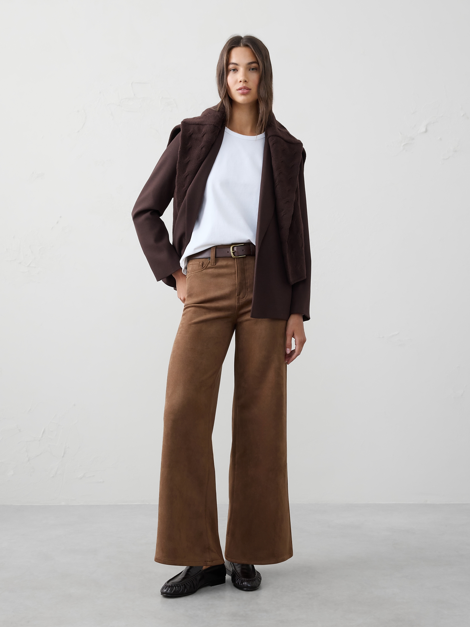 Pantalon à jambe large et taille haute en suède végane - Brun