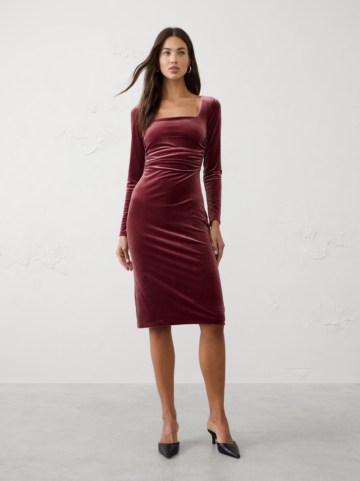 Velvet Shirred-Waist Midi Dress