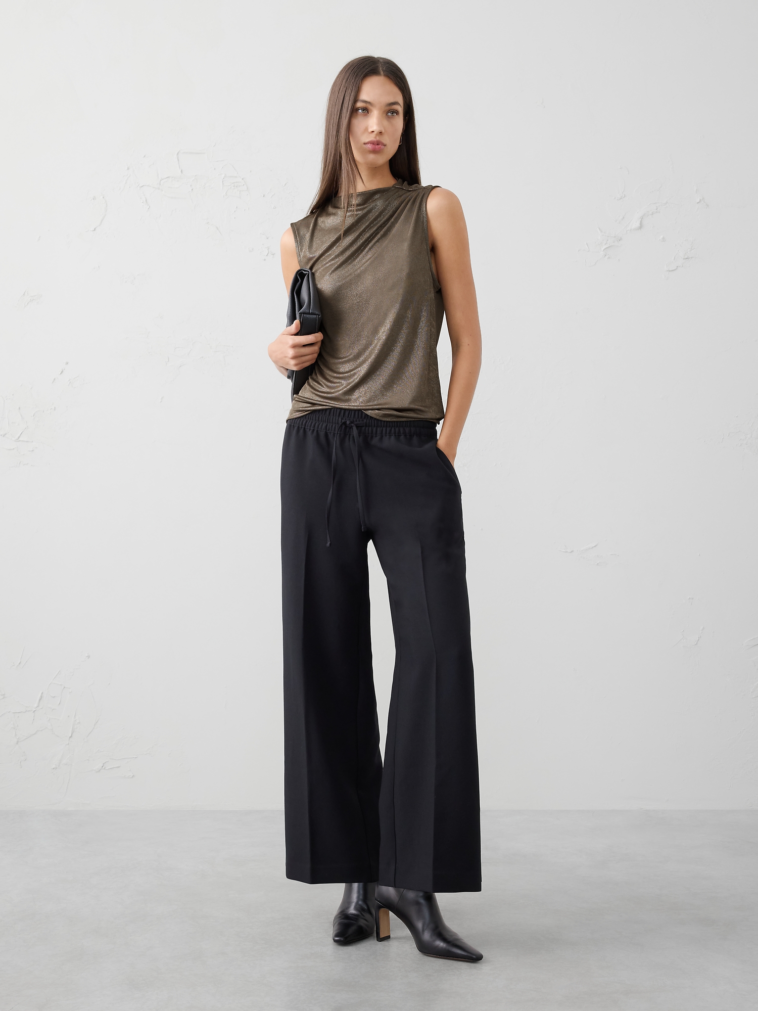 Image number 1 showing, Foiled Ribbed Draped-Shoulder Top