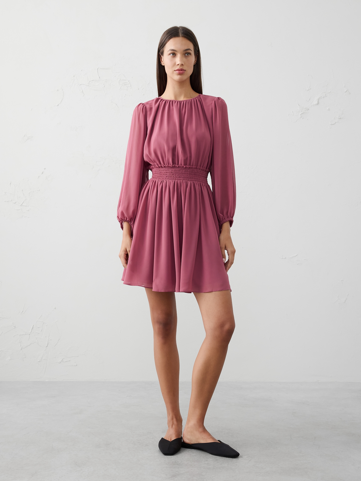 Smocked Volume-Sleeve Mini Fit-and-Flare Dress - Berry Parfait