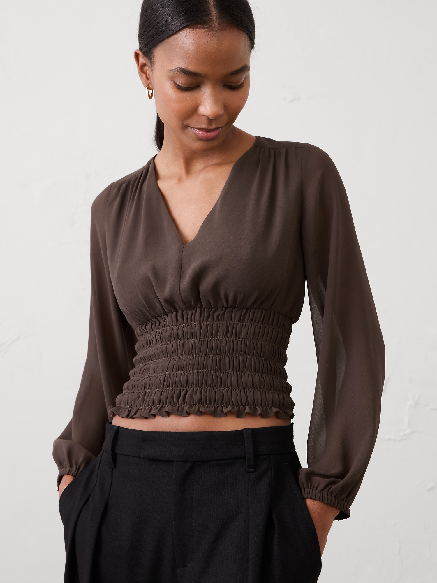 Ruched V-Neck Top - Dark Oak