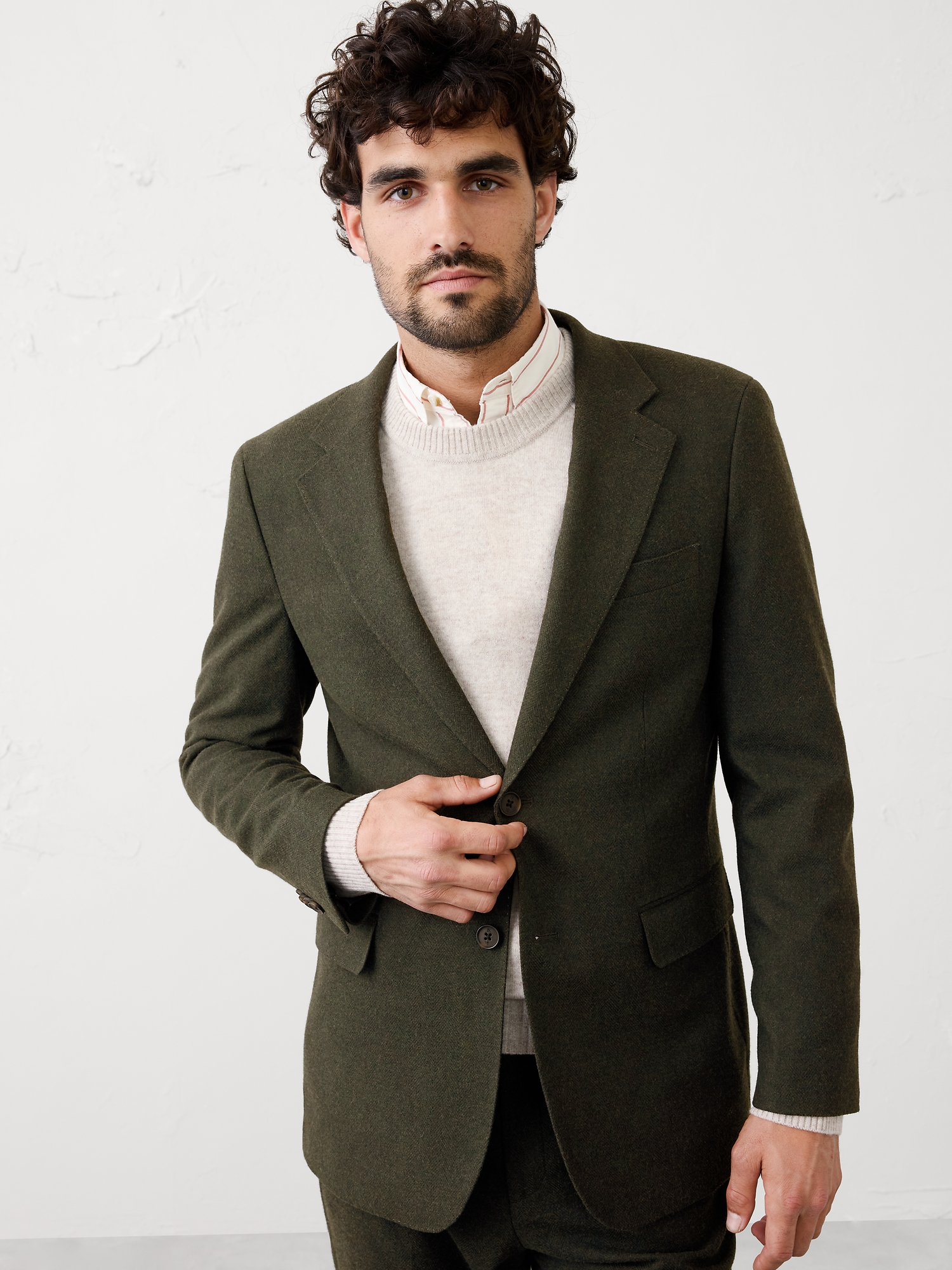 Image number 1 showing, Tailored-Fit Flannel Herringbone Suit Jacket