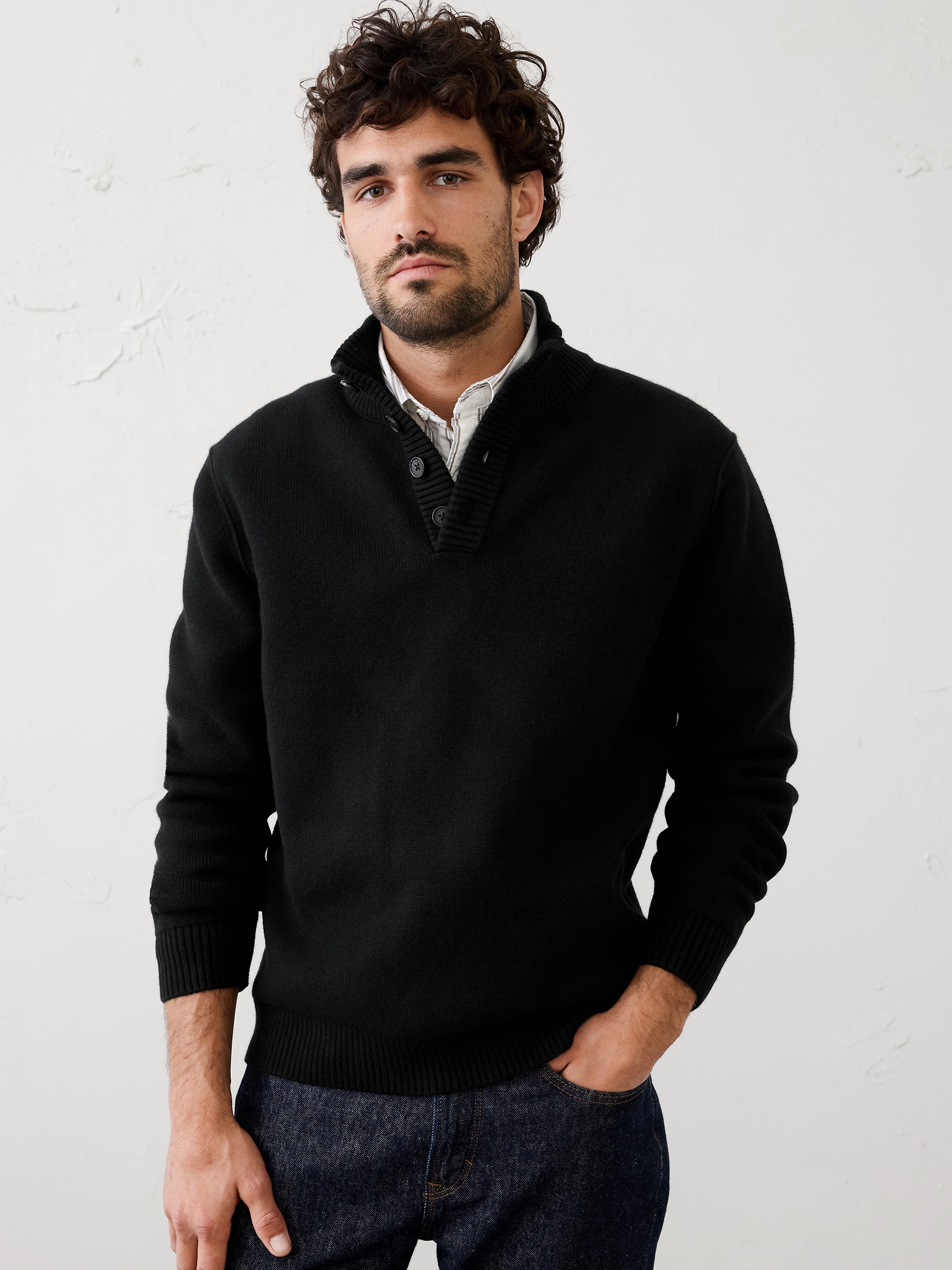 Image number 1 showing, Button Mock-Neck Sweater