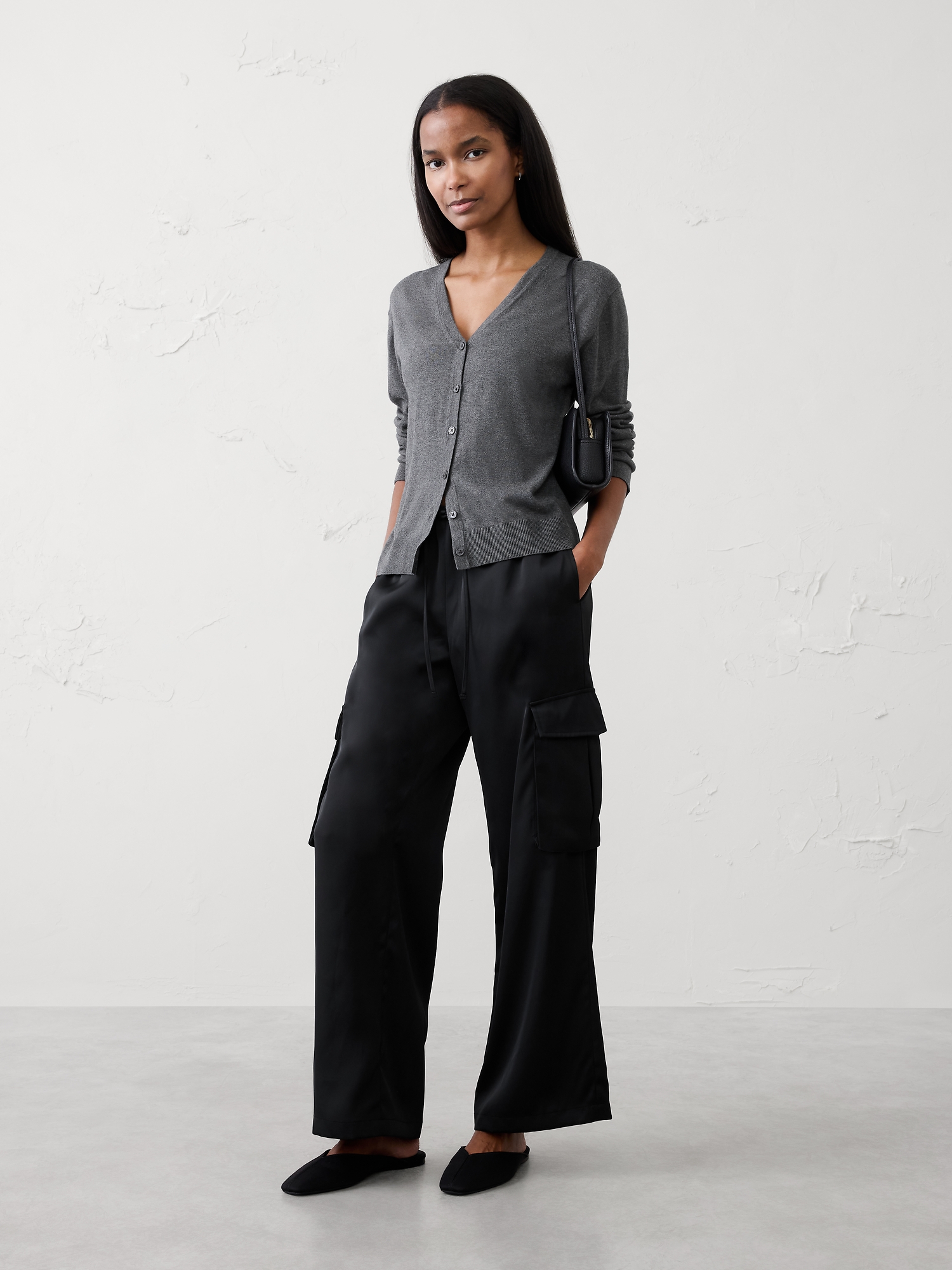 Image number 1 showing, Wide-Leg Mid-Rise Satin Pull-On Cargo Pant