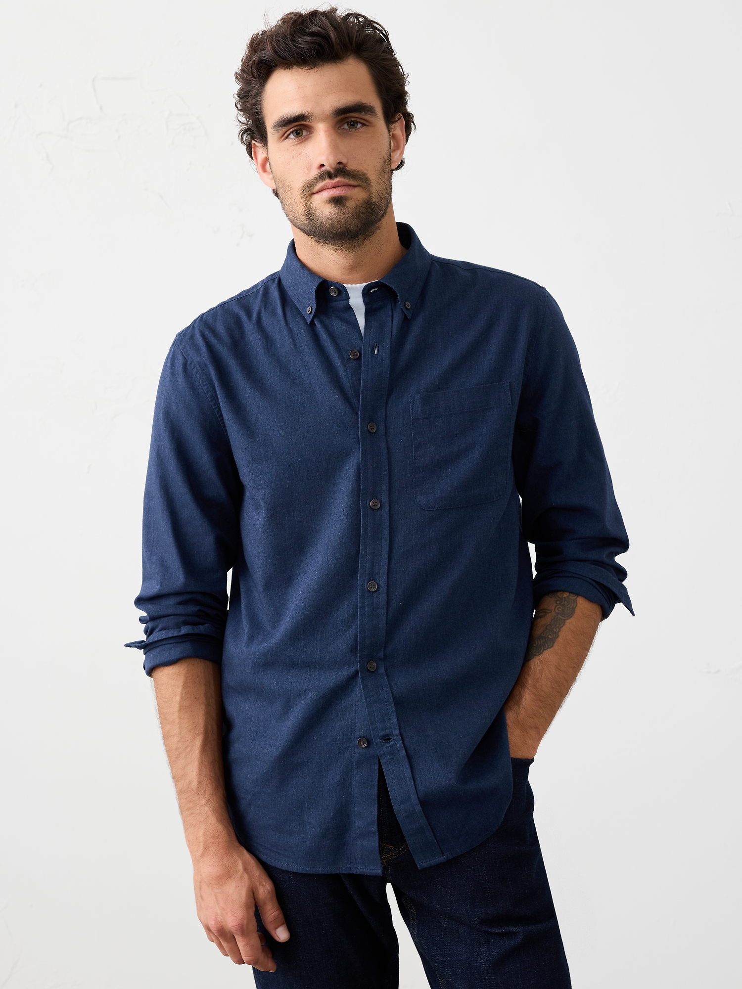 Slim-Fit Lightweight Flannel Shirt - Navy Heather