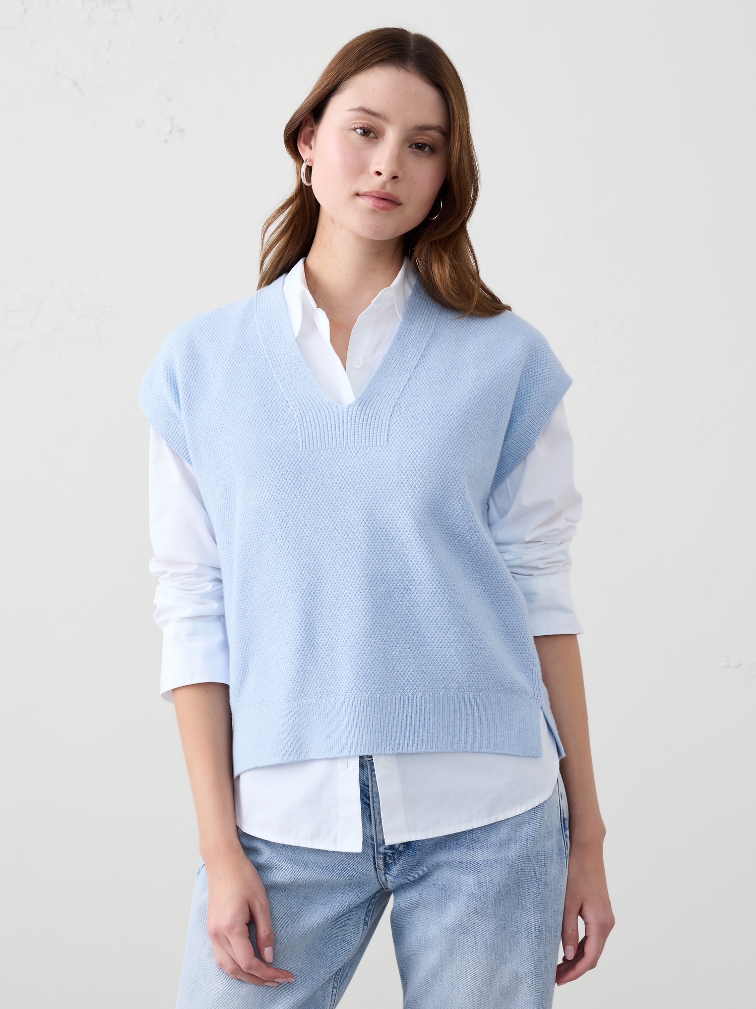 Textured V-Neck Sweater Vest - Light Blue Heather