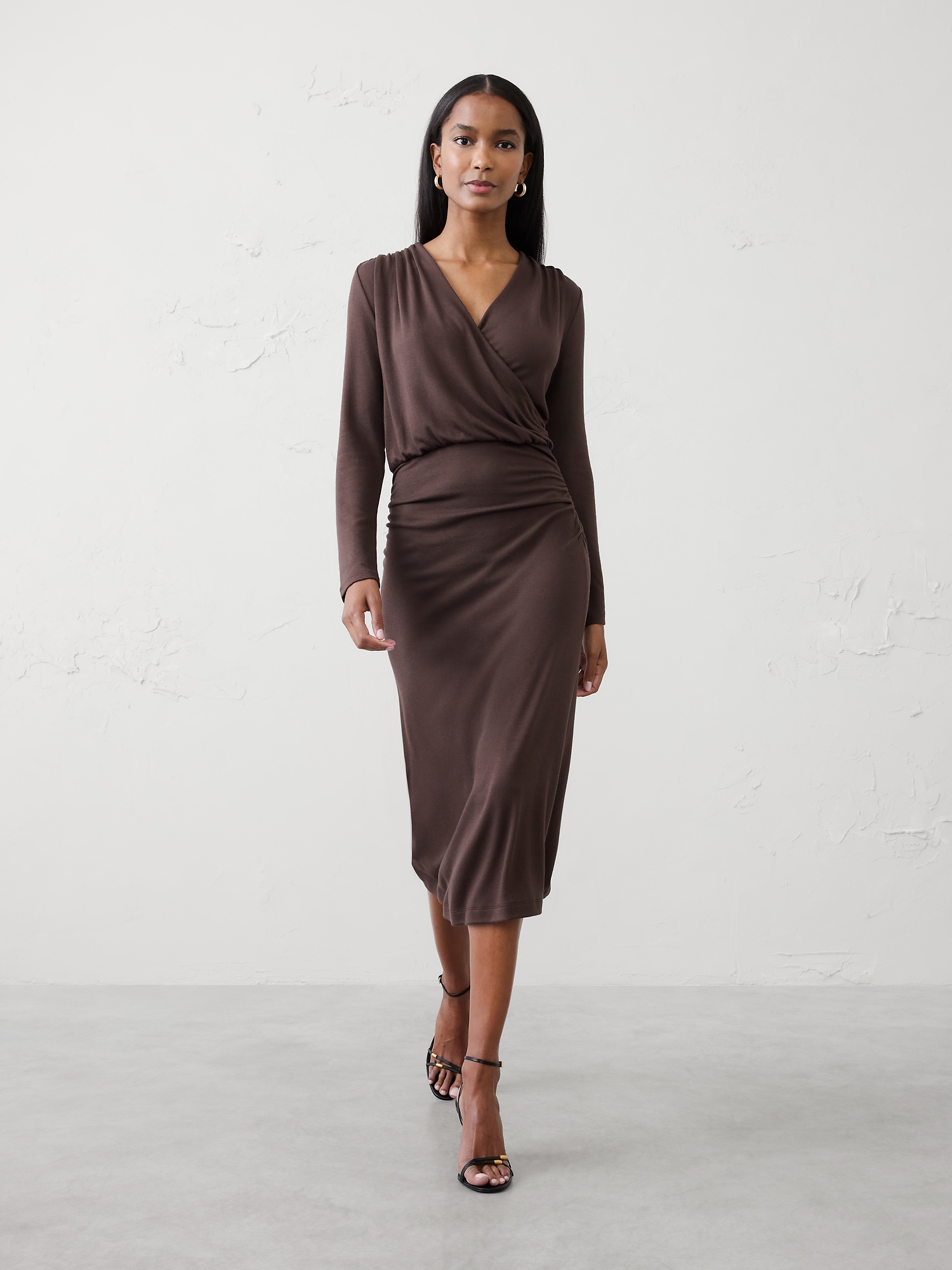 Soft Luxe Knit Wrap Midi Dress - Dark Oak