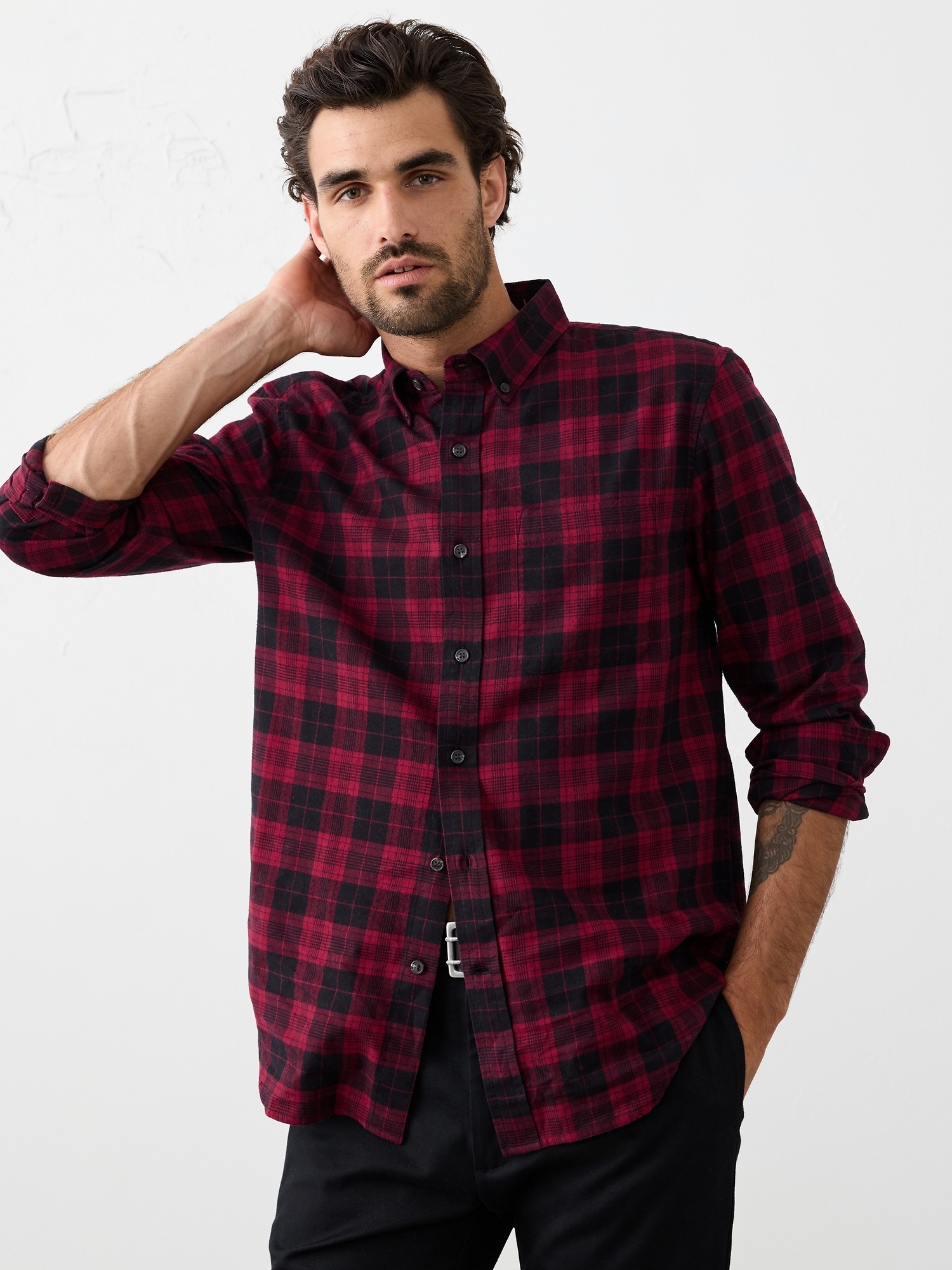 Slim-Fit Lightweight Flannel Shirt - Red Plaid