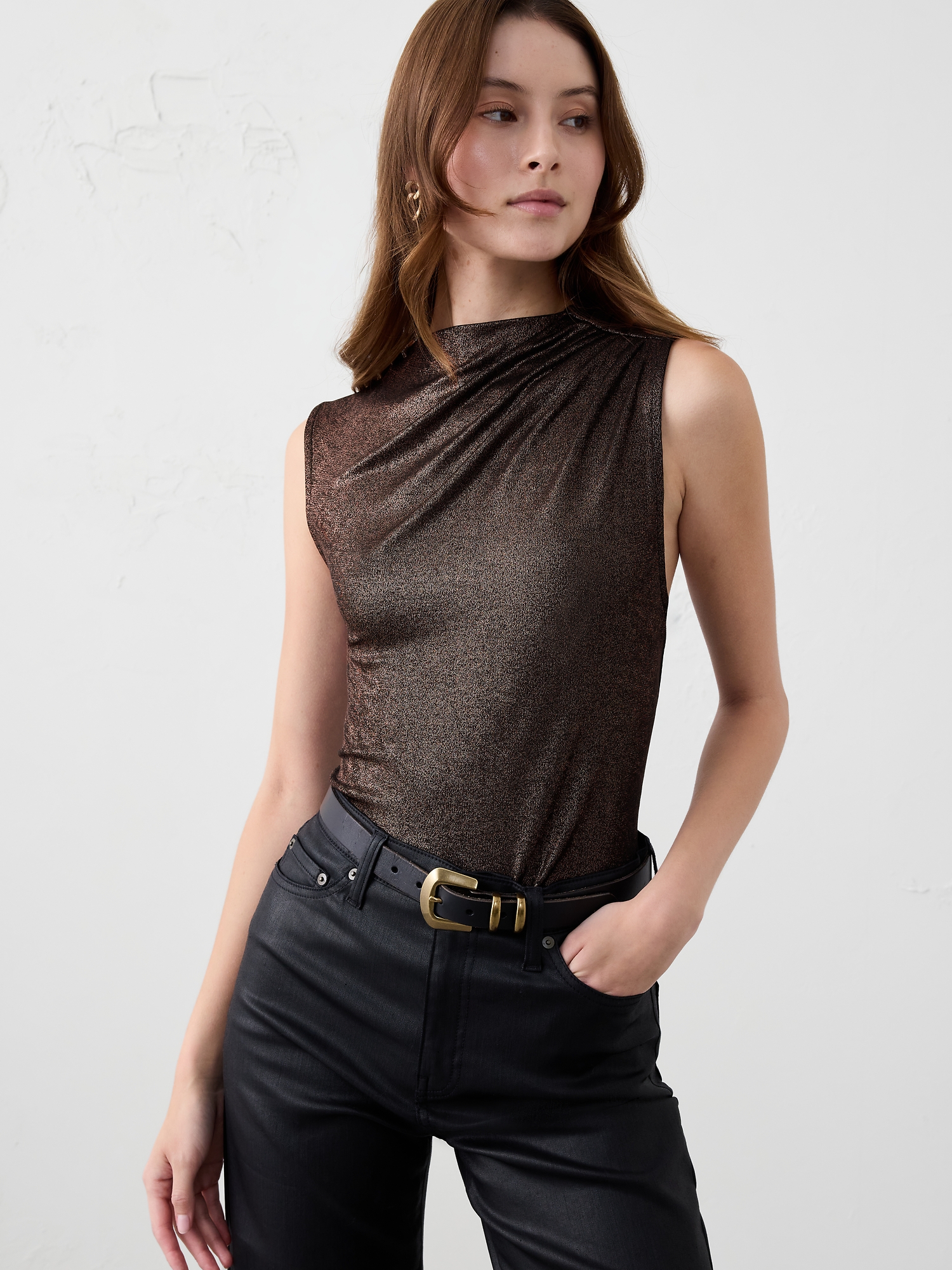 Image number 1 showing, Foiled Ribbed Draped-Shoulder Top
