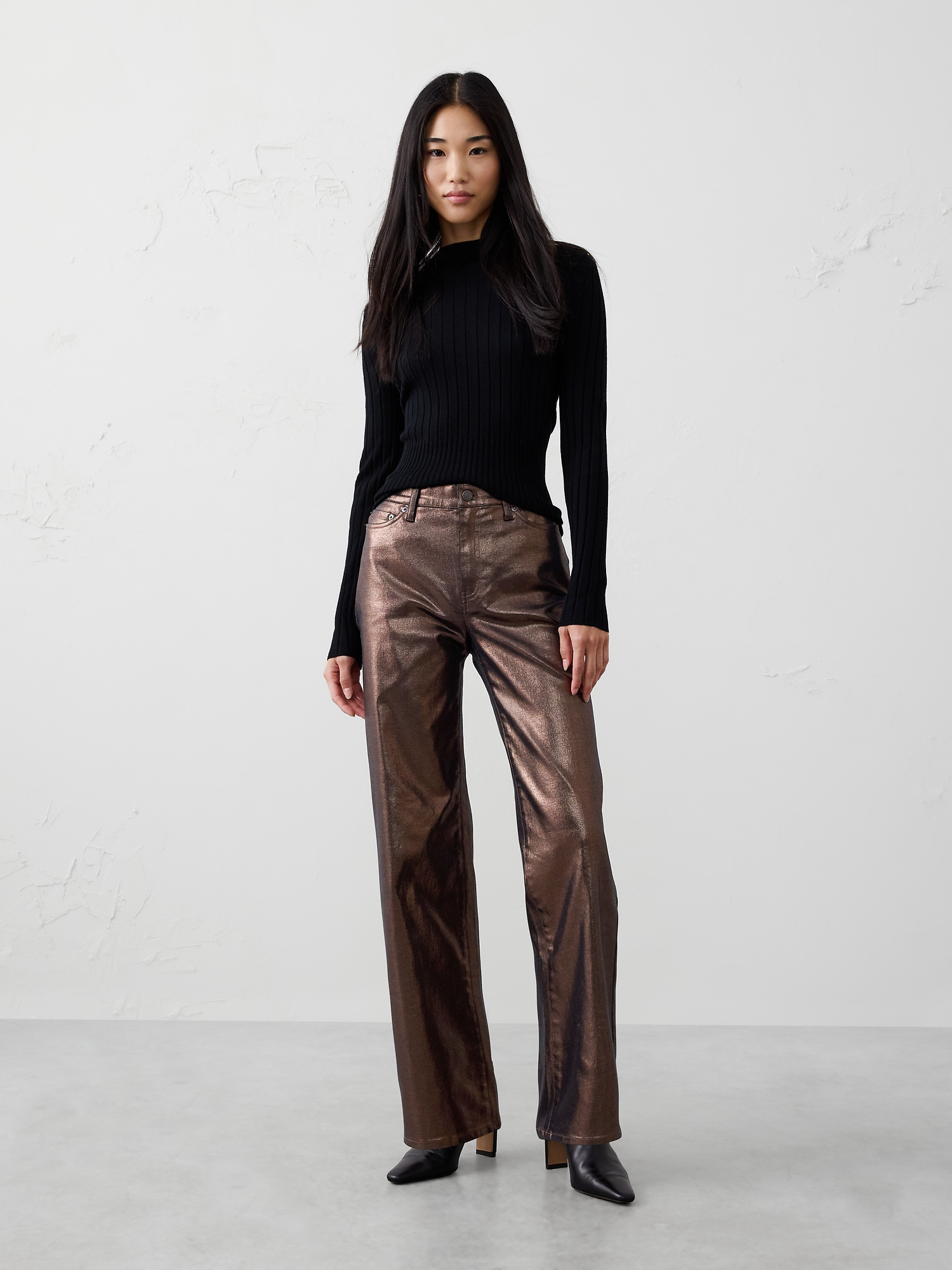 Straight High-Rise Metallic Pant - Bronze Brown