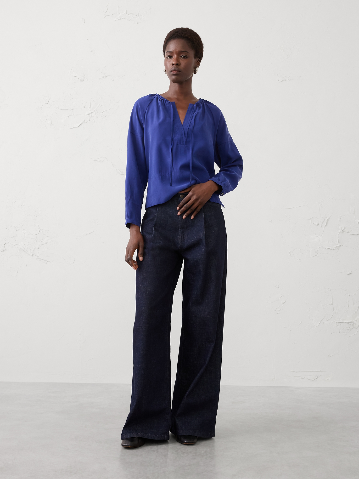 Chemisier à enfiler froncé en sergé - Bleu Salinas