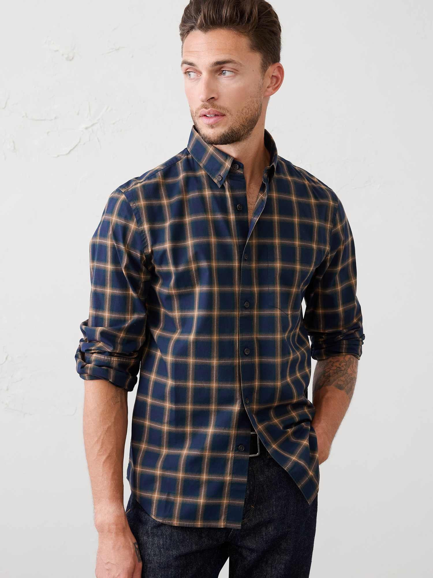 Chemise ajustée en coton doux - Carreaux Bleu Marine