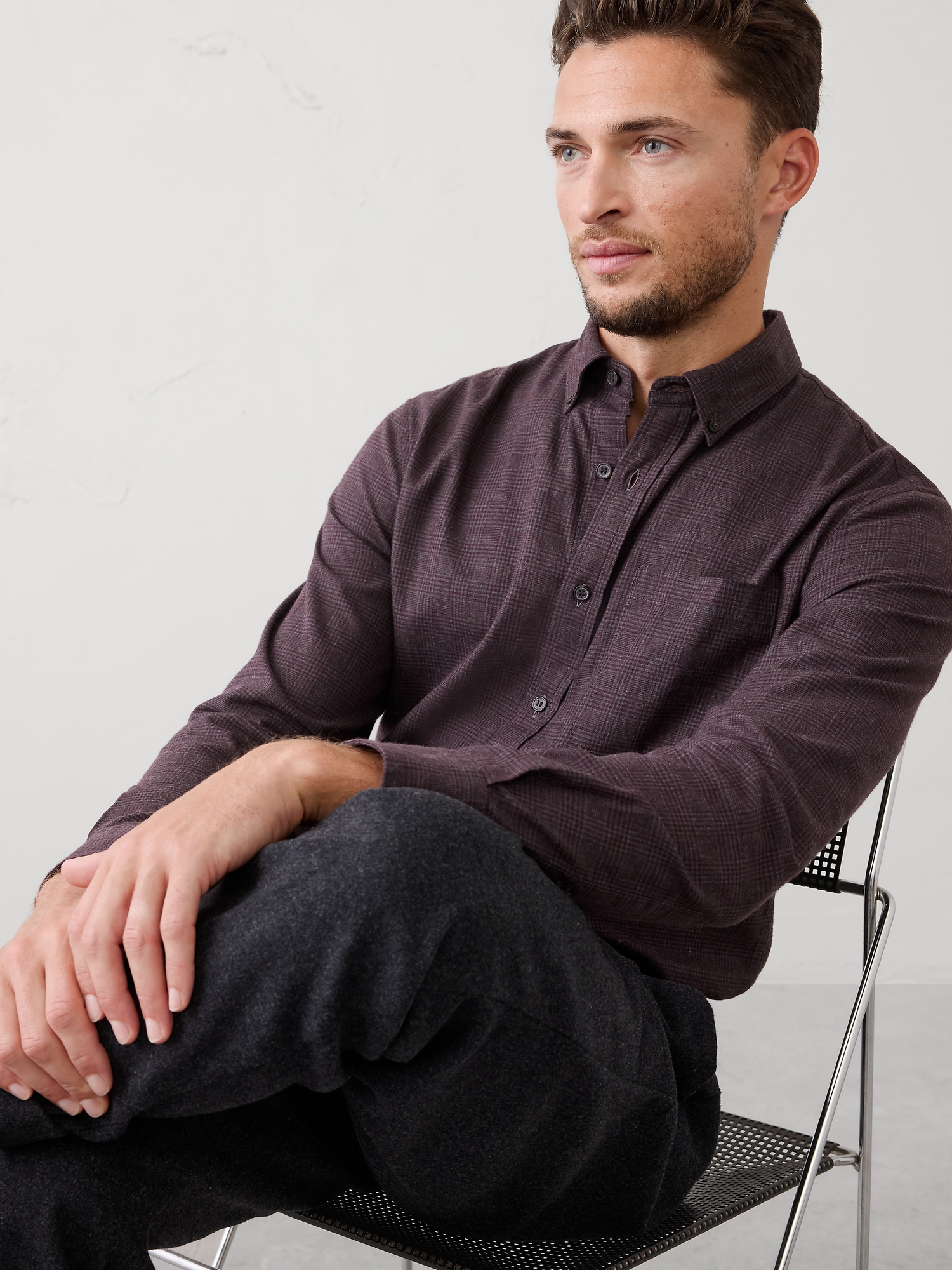 Slim-Fit Lightweight Flannel Shirt - Charcoal Glenplaid