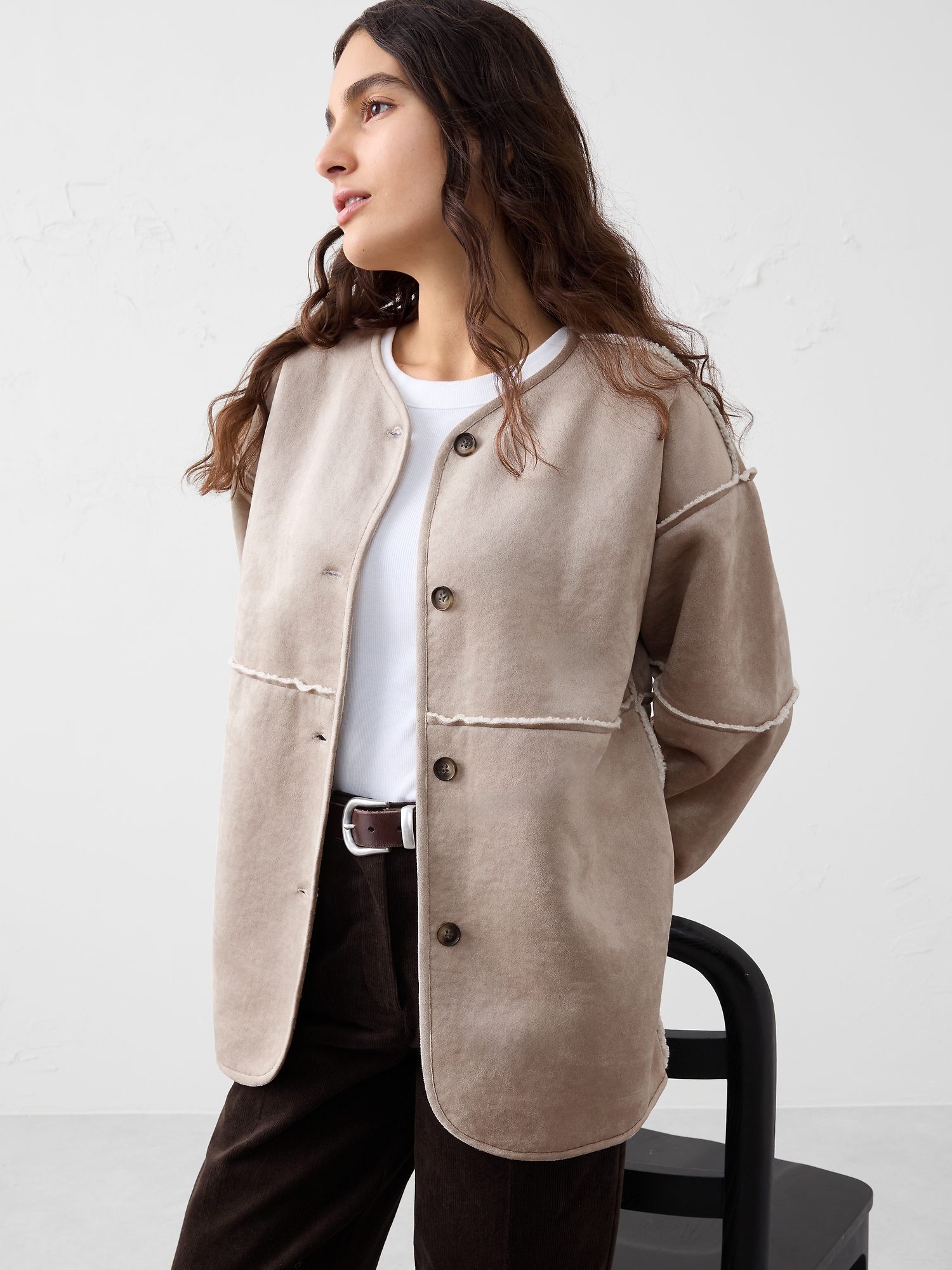 Image number 1 showing, Reversible Vegan Suede Sherpa Jacket