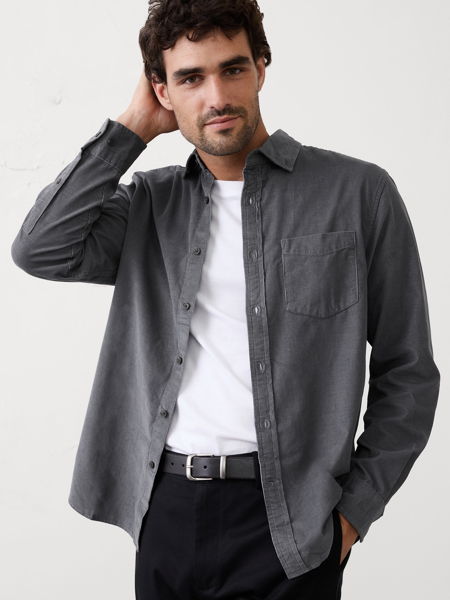 Slim-Fit Fine Wale Corduroy Shirt - Graphite