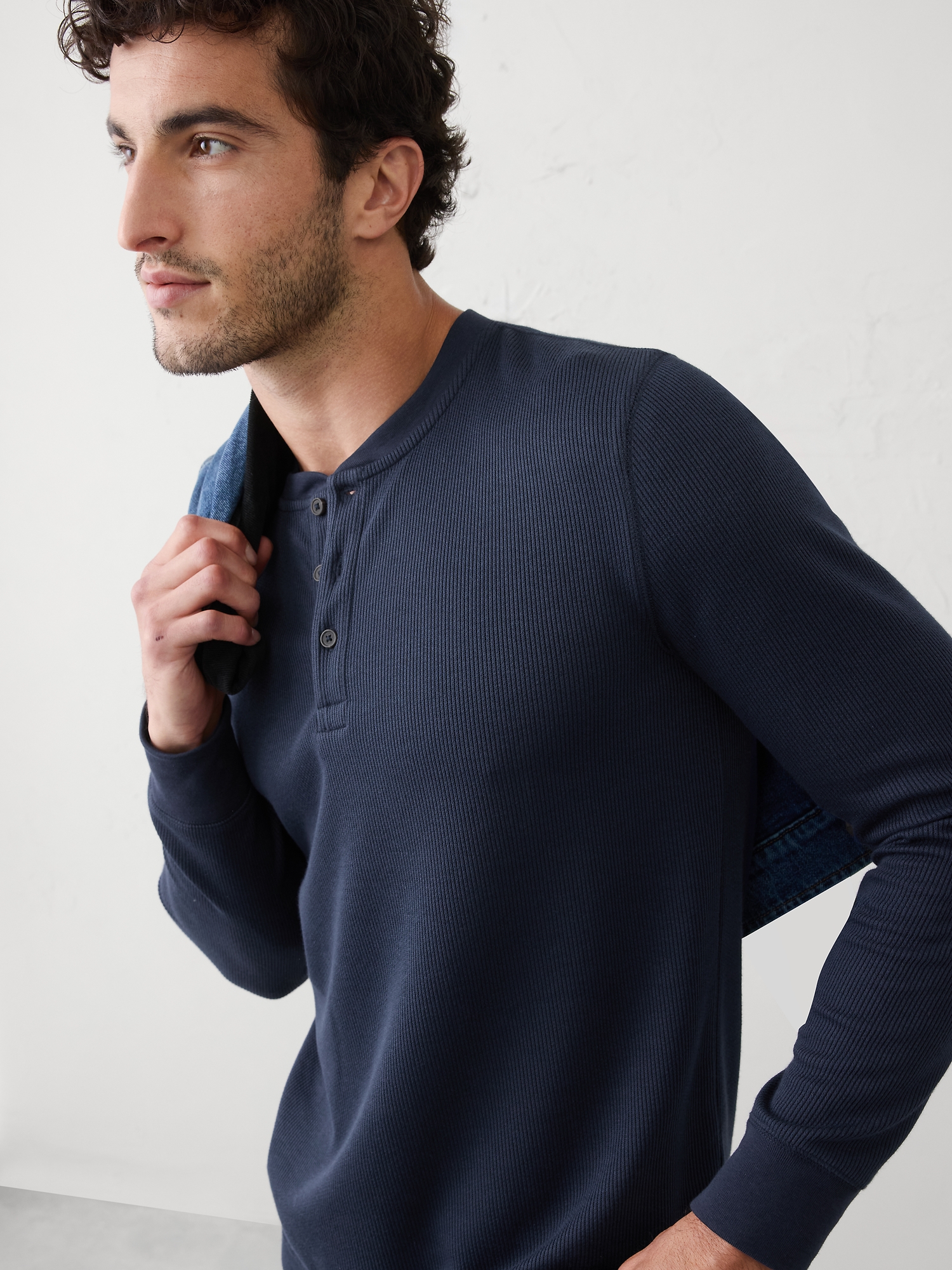 Henley en tricot gaufré - Bleu Marine Tapisserie