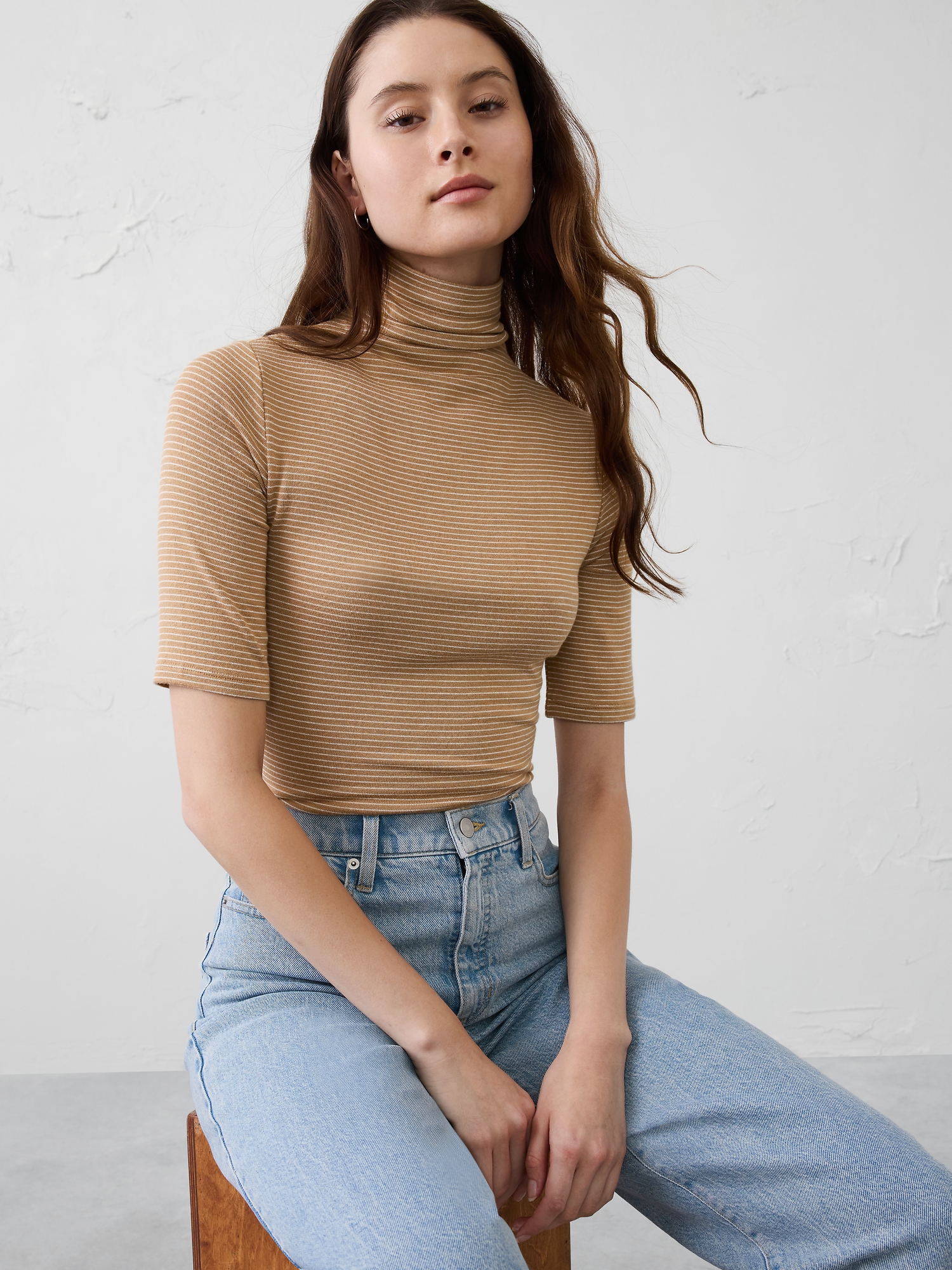 Soft Luxe Turtleneck Top - Neutral Stripe