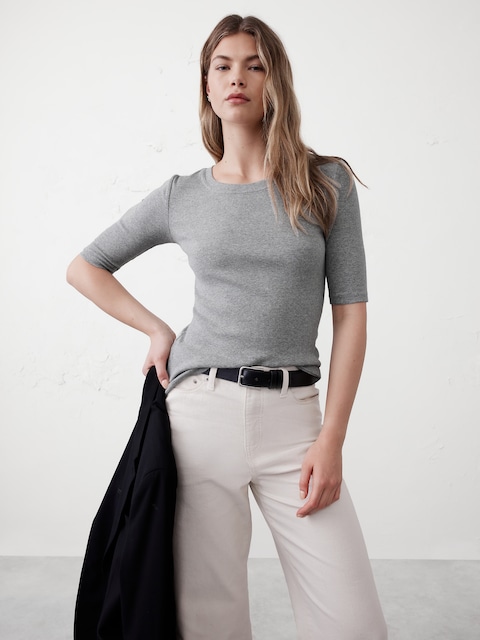 Ribbed Elbow-Sleeve T-Shirt