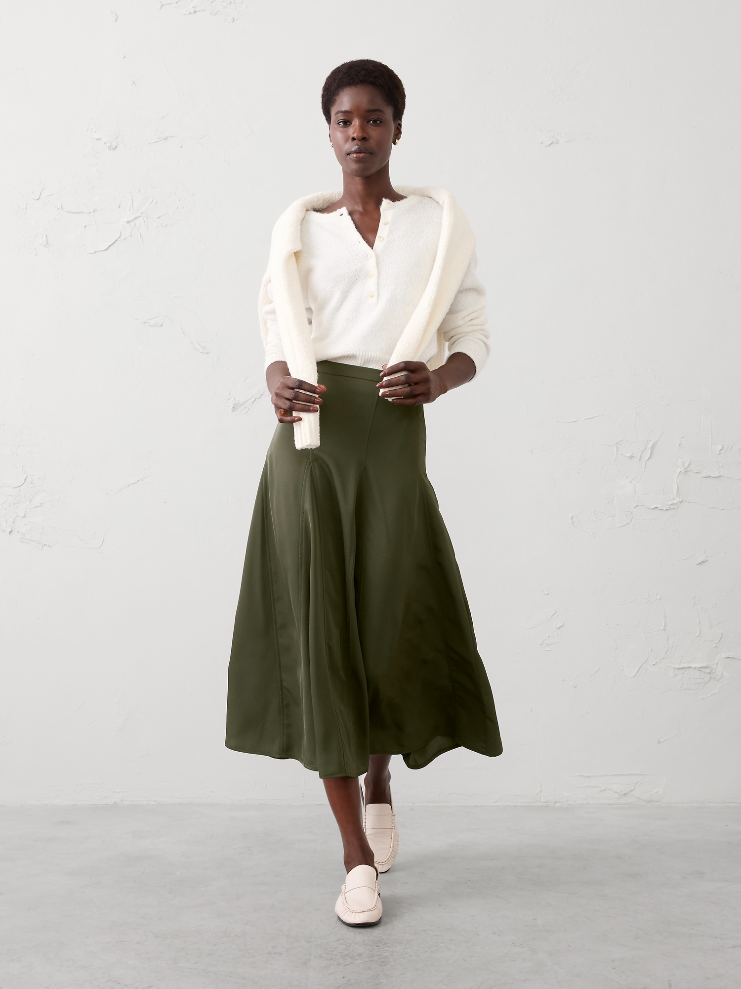 Godet Twill Midi Skirt