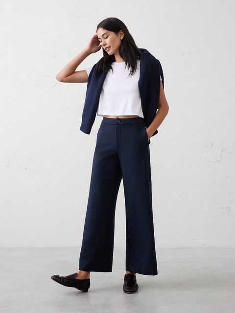 PANTALON À JAMBE LARGE ET À TAILLE HAUTE EN TRICOT POINT DE ROME