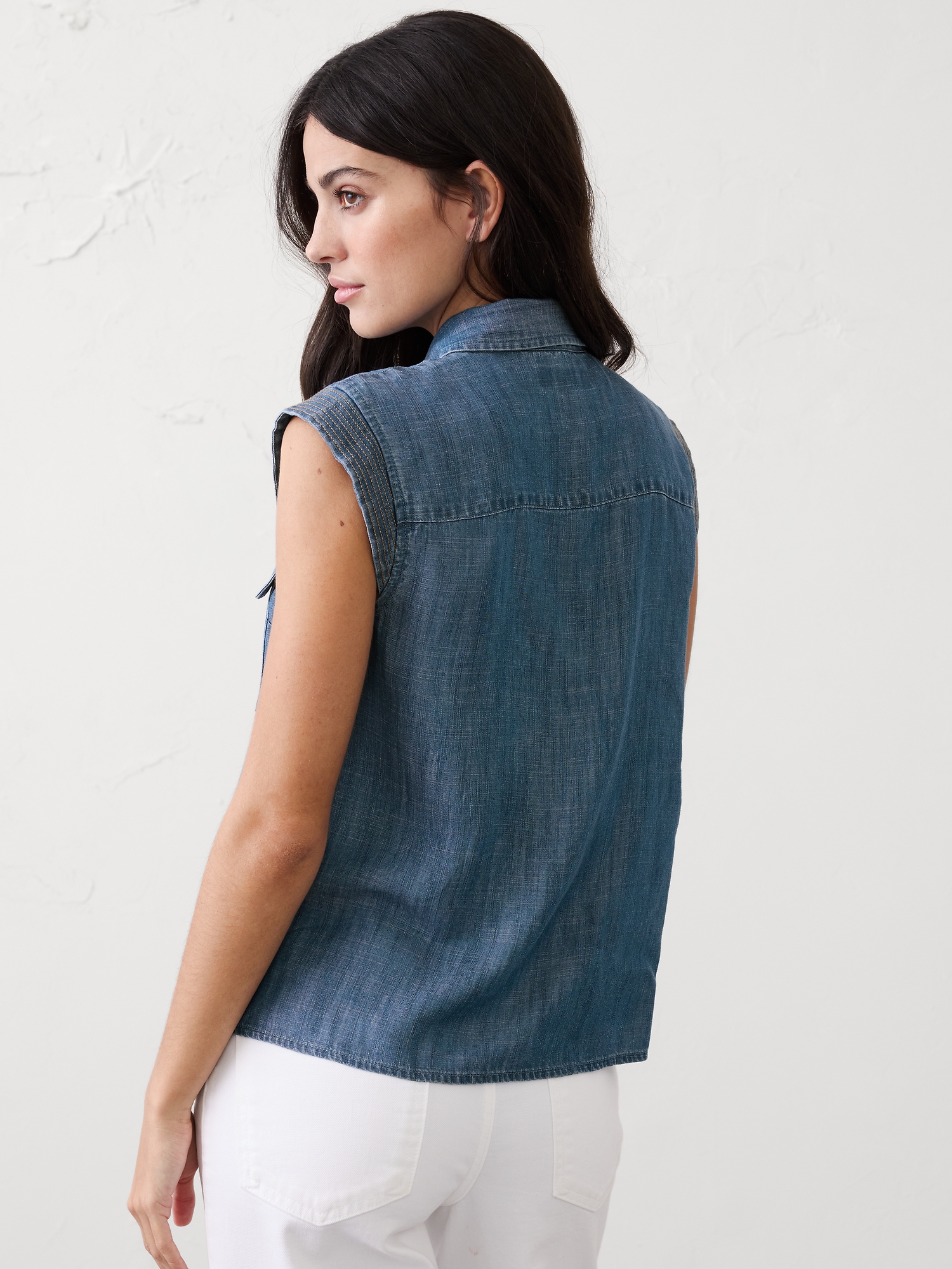 Image number 2 showing, Denim Trapunto Cap-Sleeve Shirt