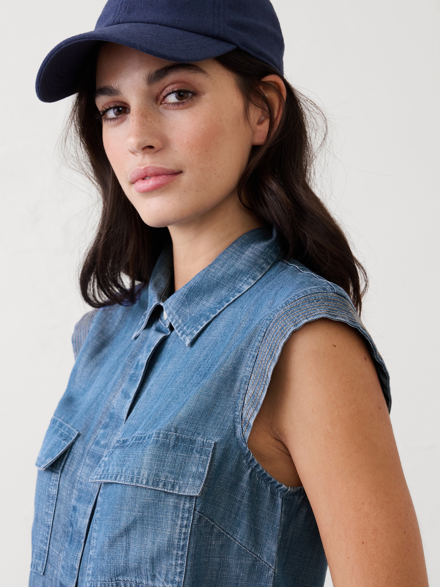 Image number 3 showing, Denim Trapunto Cap-Sleeve Shirt