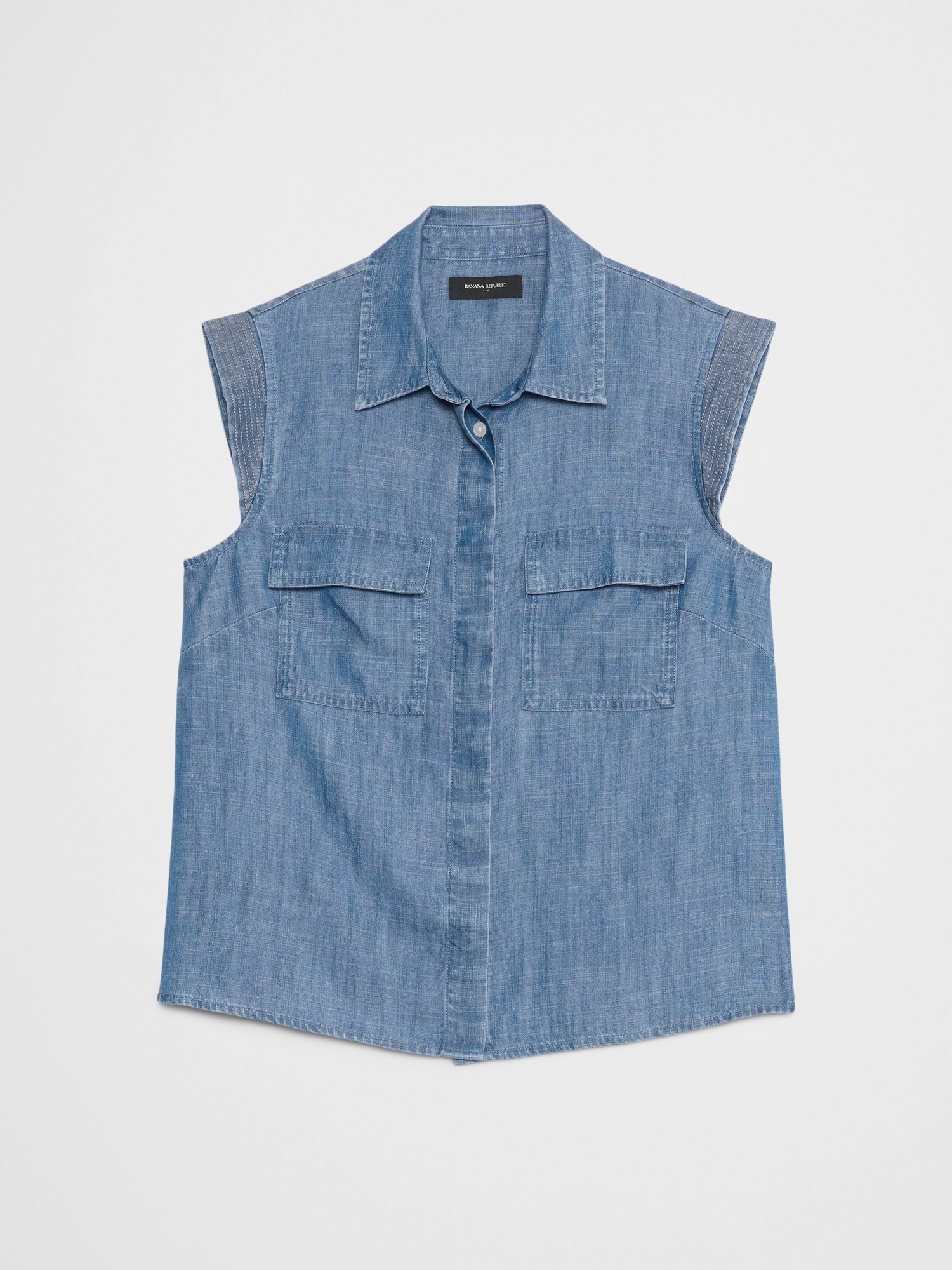 Image number 4 showing, Denim Trapunto Cap-Sleeve Shirt