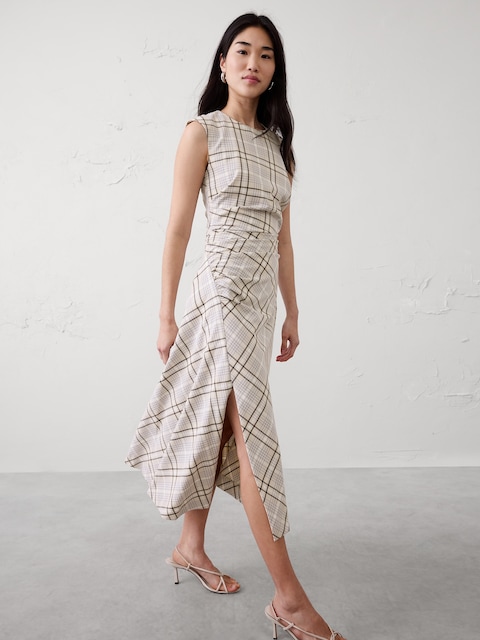 High-Neck Shirred Midi Dress