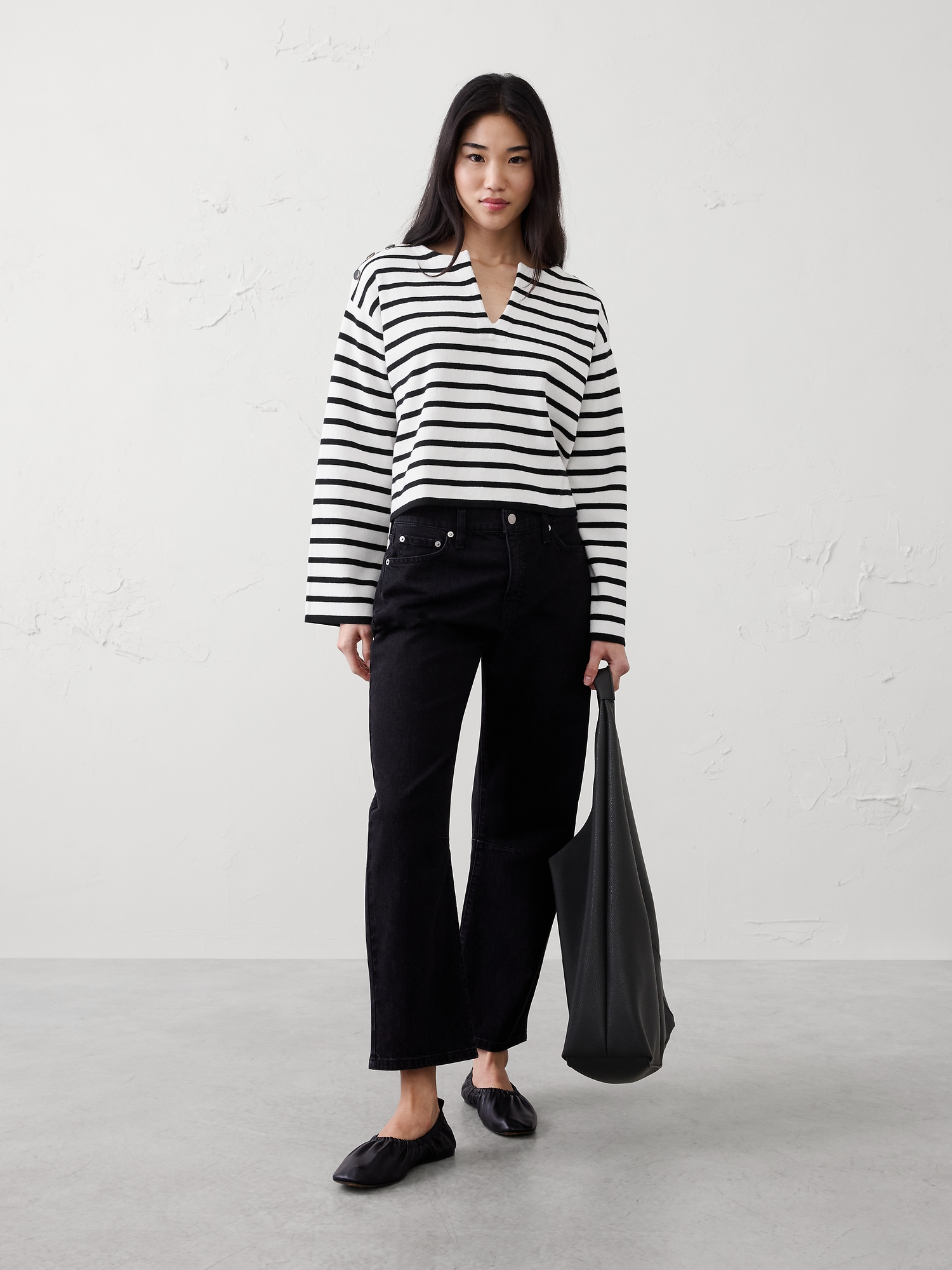 Striped Button Notch-Neck Sweater