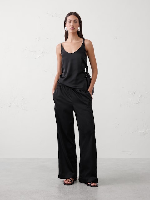 PANTALON À TAILLE HAUTE ÉLASTIQUE JAMBE LARGE EN SATIN FROISSÉ