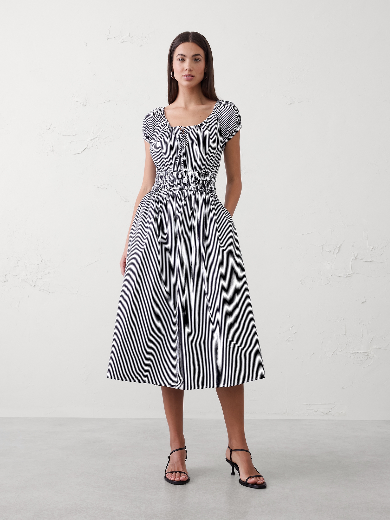 Poplin Gathered-Neck Midi Dress