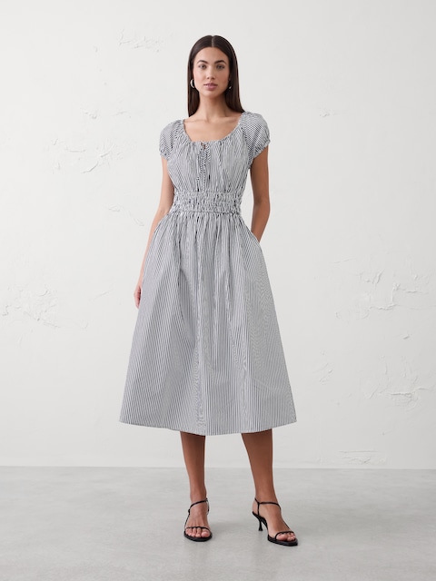 Poplin Gathered-Neck Midi Dress