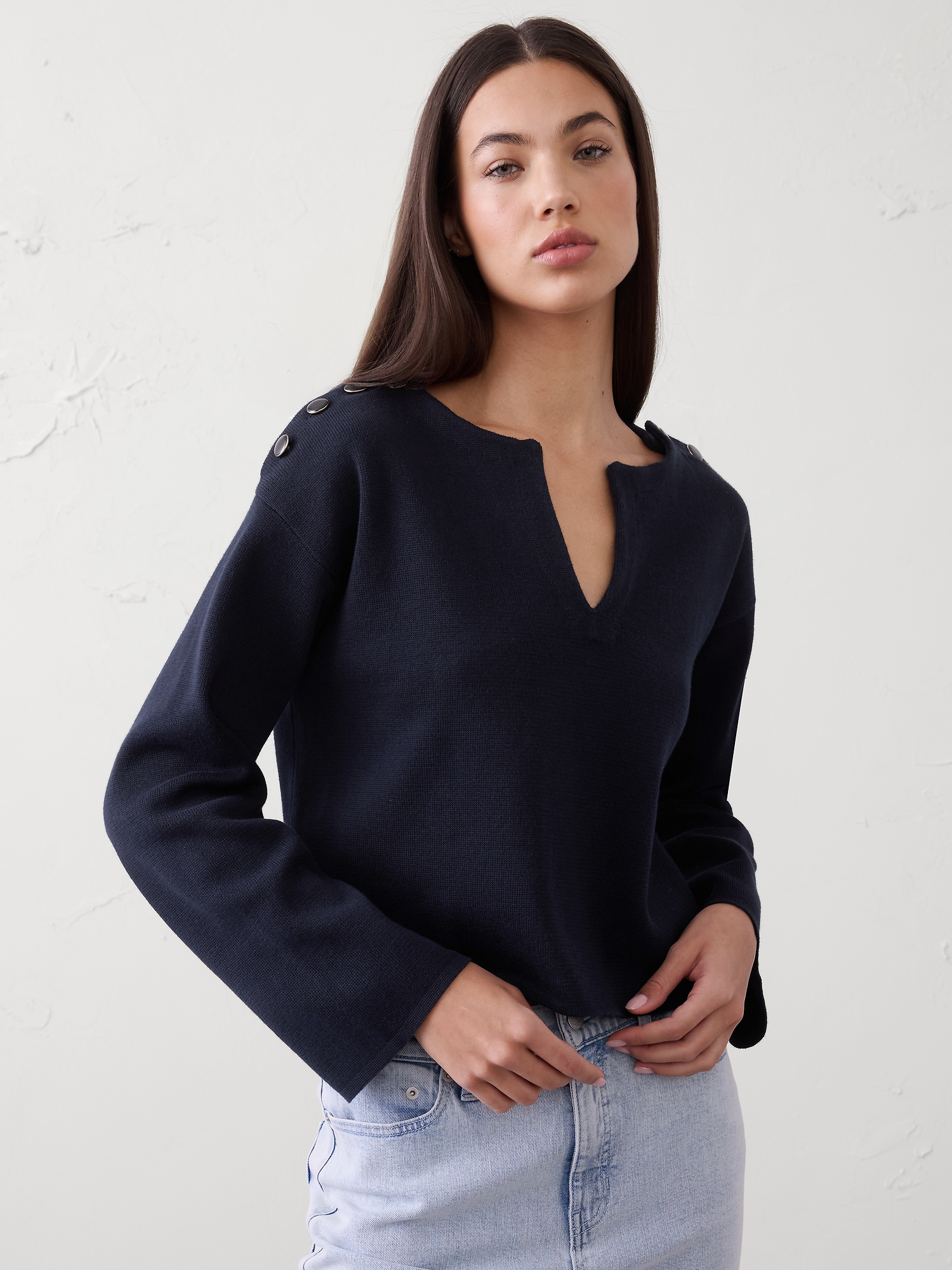 Button Notch-Neck Sweater