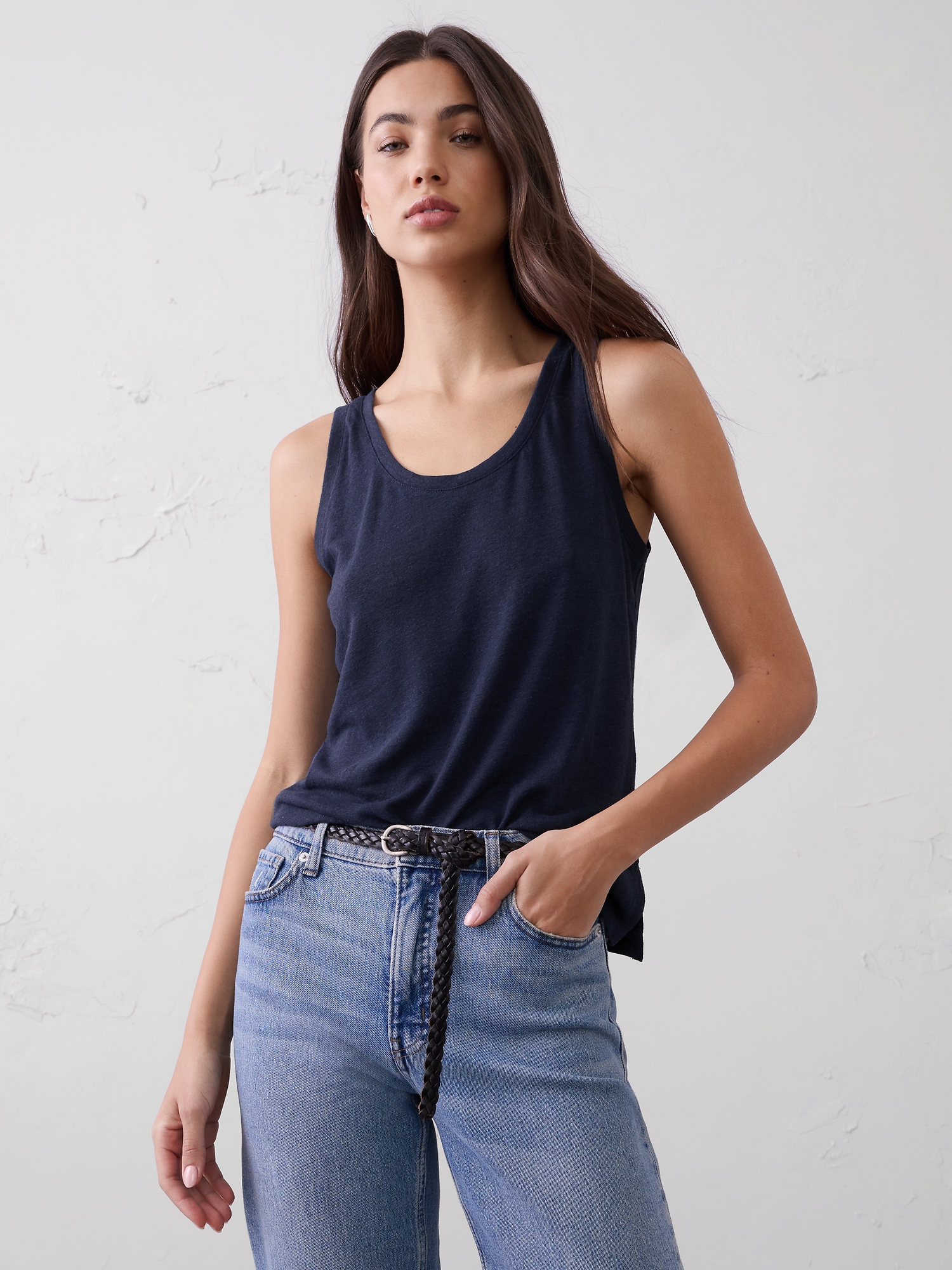 Linen-Blend Scoop-Neck Tank