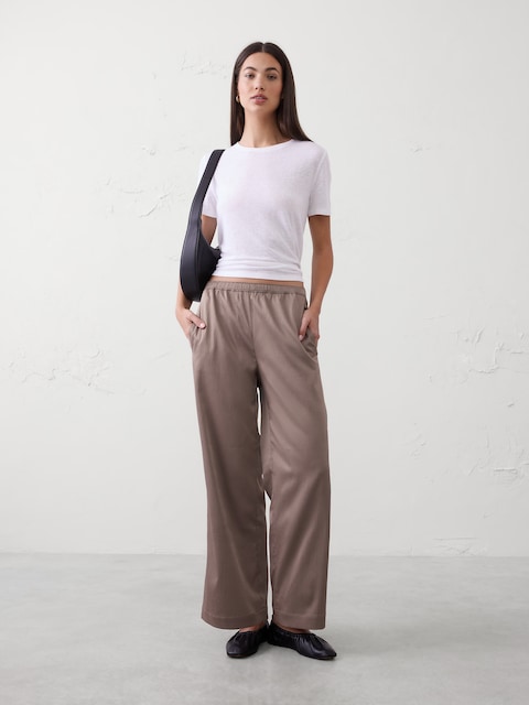 PANTALON À TAILLE HAUTE ÉLASTIQUE JAMBE LARGE EN SATIN FROISSÉ