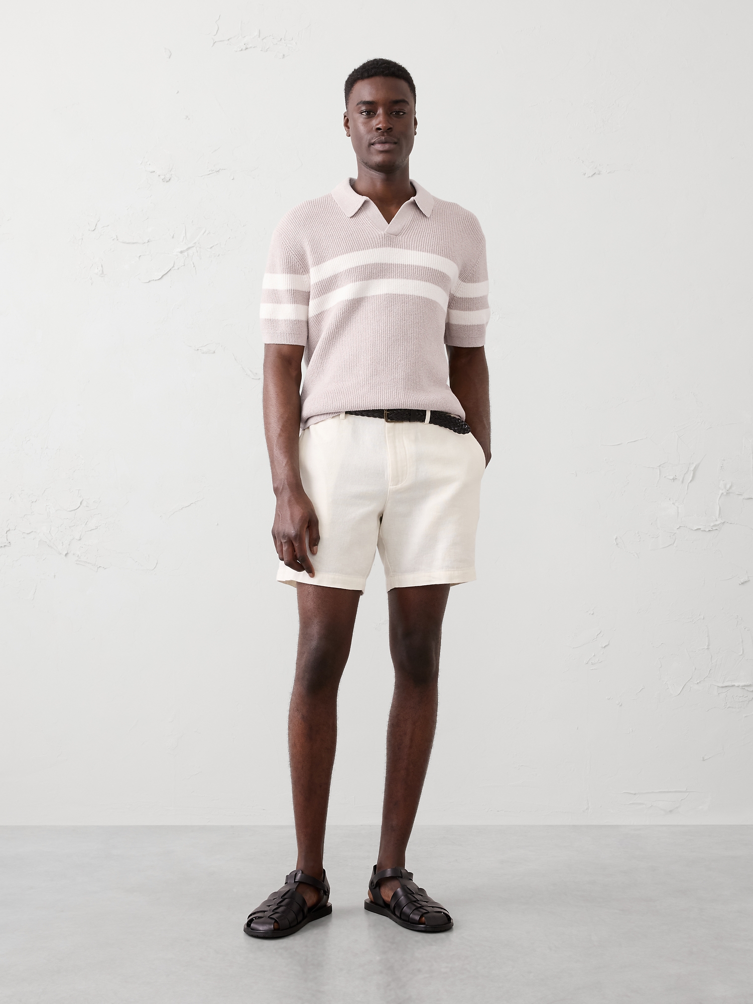 Striped Johnny-Collar Polo Sweater