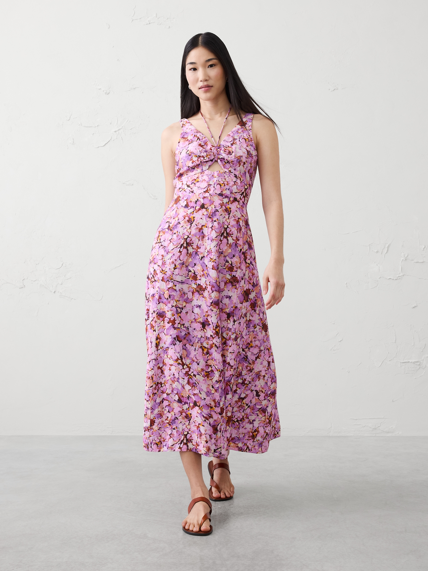 Linen-Blend Cutout Tie-Front Midi Dress