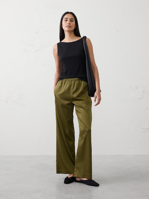 PANTALON À TAILLE HAUTE ÉLASTIQUE JAMBE LARGE EN SATIN FROISSÉ
