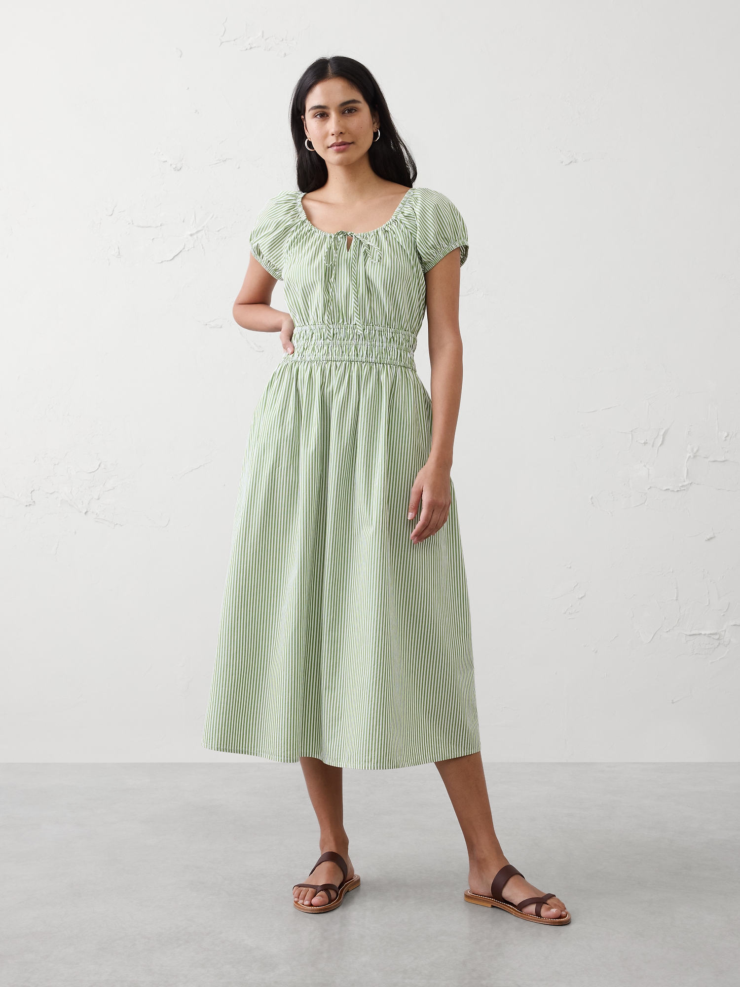 Poplin Gathered-Neck Midi Dress