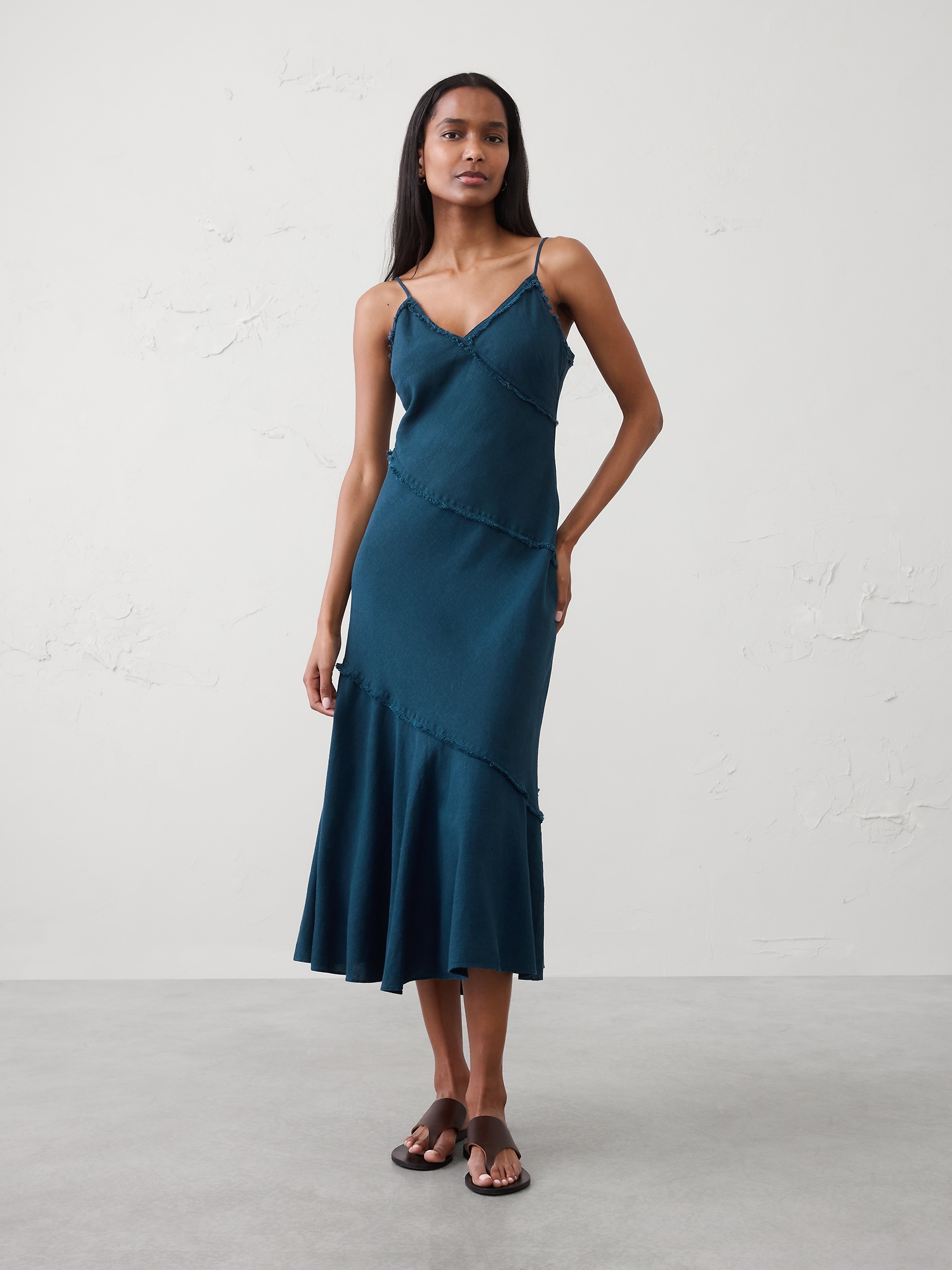 Linen-Blend Fray-Edges Midi Dress