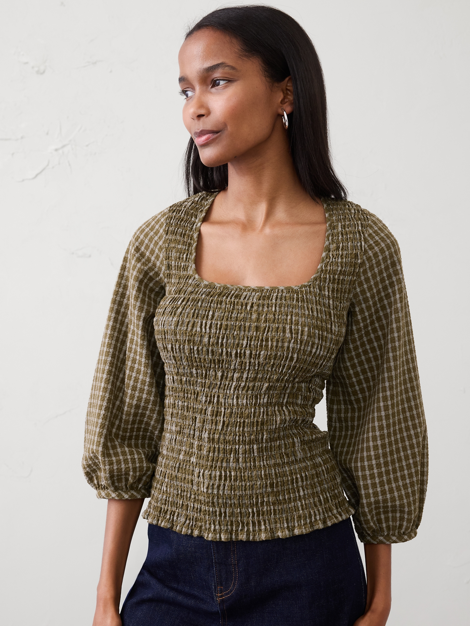 Image number 1 showing, Seersucker Smocked-Bodice Top