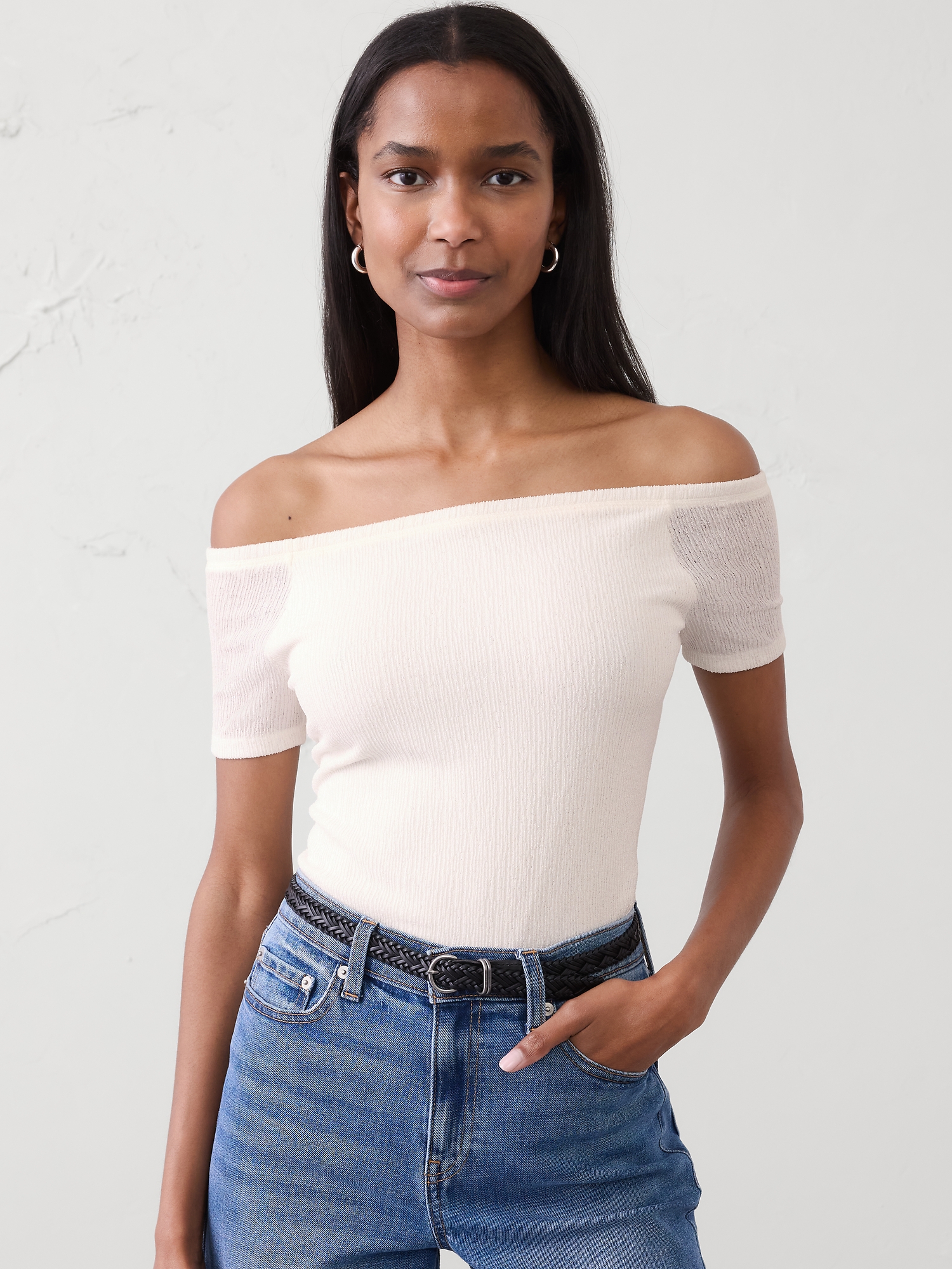 Image number 1 showing, Off-Shoulder Jacquard Crinkle Top