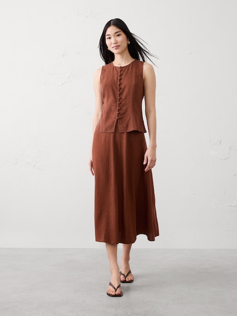JUPE MI-LONGUE EN MÉLANGE DE LIN À COUTURES APPARENTES