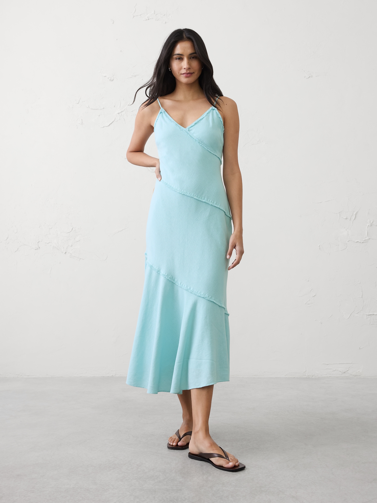 Linen-Blend Fray-Edges Midi Dress