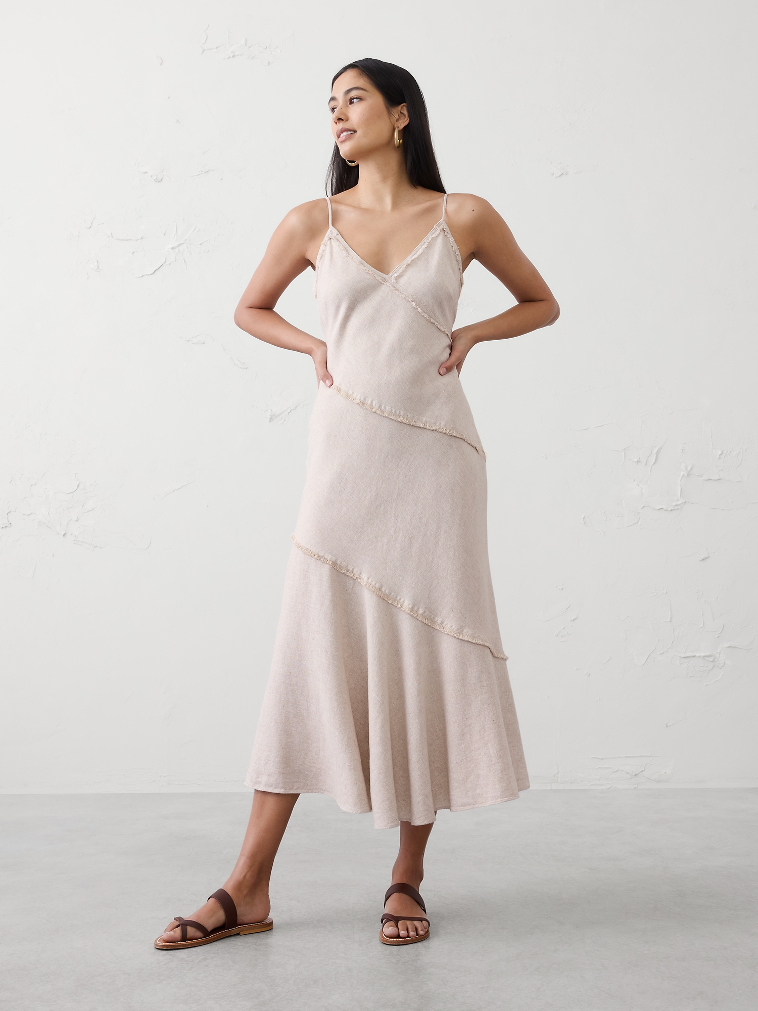 Linen-Blend Fray-Edges Midi Dress